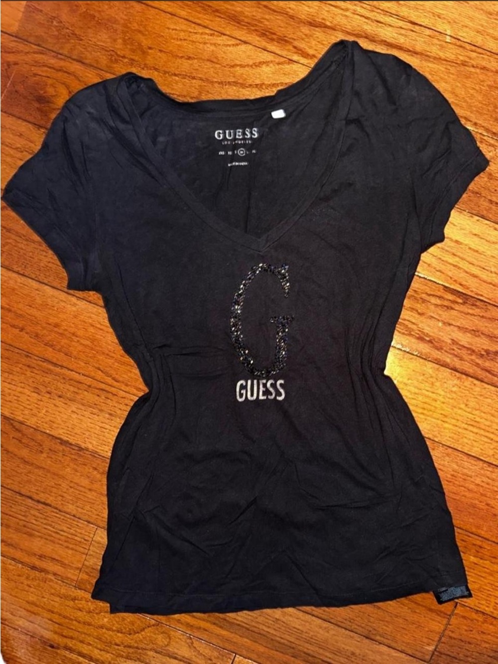 GUESS Black V-Neck Short Sleeve Tee with Embellished G